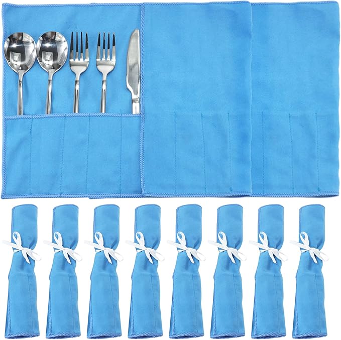 ikaufen 8/10Pcs Silver Storage Bags Anti Tarnish Flannel Protector Bags Blue Holder for Silverware Flatware Storage Organizer Silver Storage Cloth White Ribbon for Kitchen Utensils (10 Pcs)