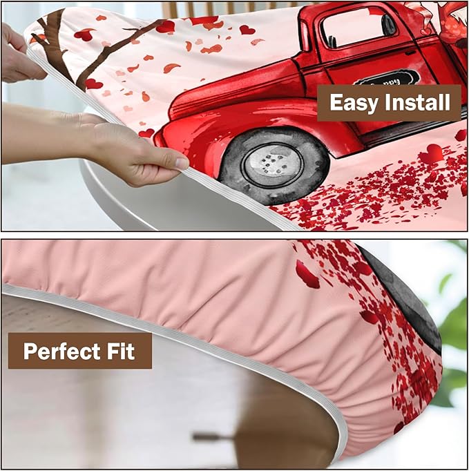 Valentines Day Round Fitted Tablecloth with Elastic Pink Red Heart Circle Table Cloth for 44-48" Round Tables Wipeable Waterproof Washable Gnome Truck Valentine Table Cover for Dining Picnic Party