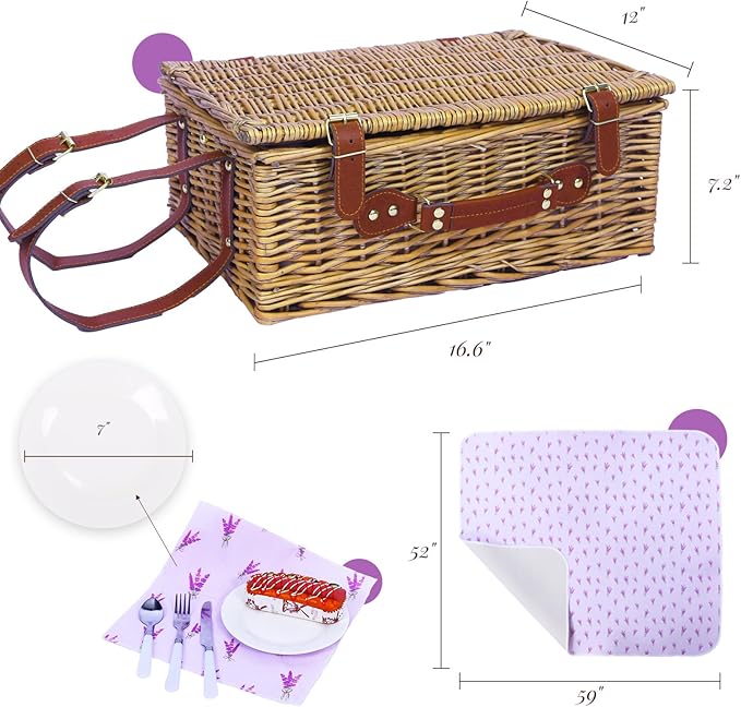Neti Neti Wicker Picnic Basket for 4 with Insulated Cooler & Waterproof Blanket – Large Willow Picnic Hamper for Outdoor, Camping, Beach, Romantic Dates, Valentine’s Day