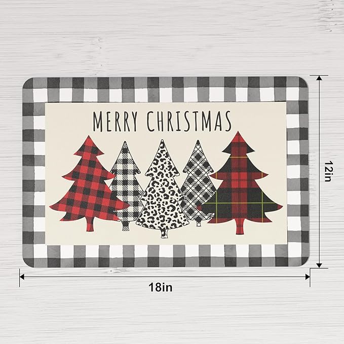 QIYI Christmas Placemats Set of 6, 12x18 Inch PU Leather Place Mats for Kitchen Dinning, Heat Resistant Anti Slip Buffalo Plaid Table Mats, Waterproof Washable Placemat Party Table Décor, Xmas Trees