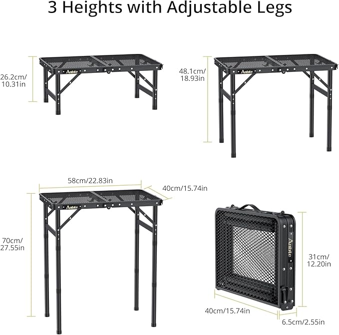 Anbte Folding Grill Table, Aluminum Camping Table Adjustable Height Max 27.5" Picnic Table Outdoor Table, Lightweight, Portable Handle for Travel Cooking BBQ Picnic, 22.8" x 16", Black