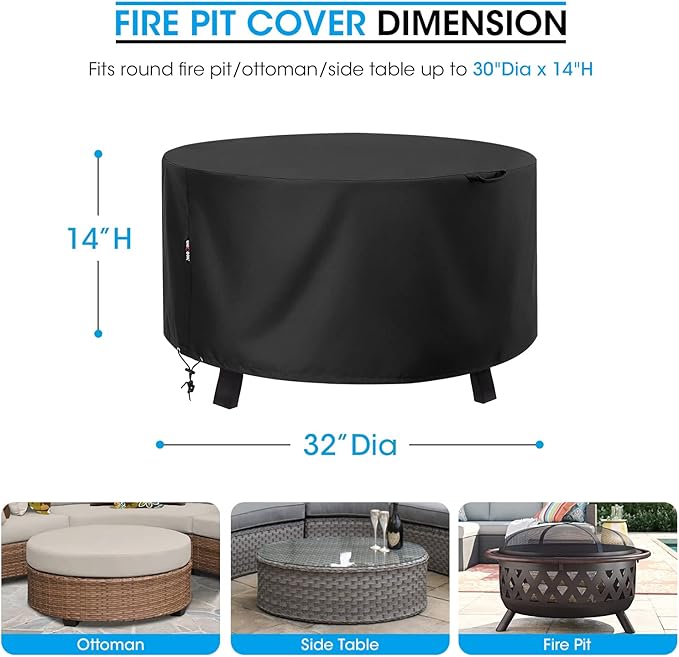 Unicook Round Fire Pit Cover 32 Inch, Heavy Duty Waterproof Firepit Cover Small, Patio Fire Table Cover, Fade and UV Resistant Material, All Weather Protection, 32" Dia x 14" H, Black
