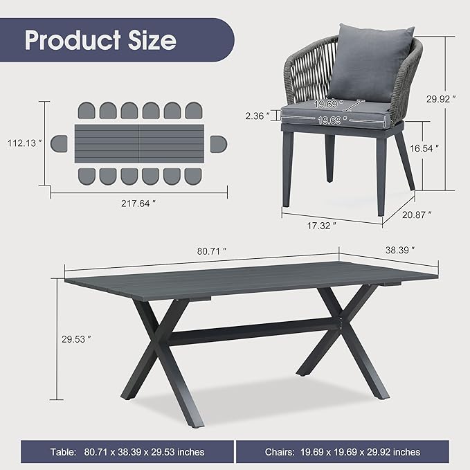 PURPLE LEAF 16 Pieces Patio Dining Set Wicker Outdoor Furniture Rectangular Table and Chairs Set for Garden Deck Aluminum Frame Backyard Kitchen Set, Cushions and Pillows Included Grey