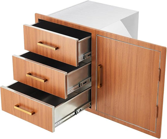 Stainless Steel Outdoor Kitchen Door Drawer Combo 38.2" W x 20.5" H x 22.6" D - Triple Drawers & Access Door, Propane Storage & Adjustable Garbage Ring, Weather-Resistant Flush Mount