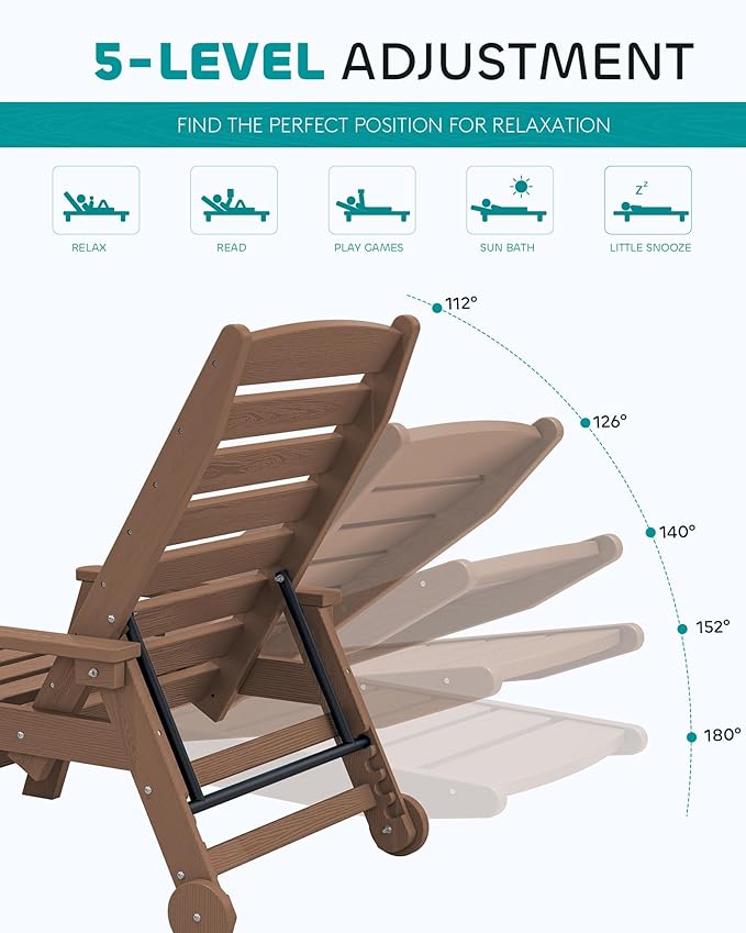 SERWALL Patio Chaise Lounge Chair Set of 2, 78'' Long HDPE Outdoor Lounger, 5 Positions Adjustable Poly Lounge Chair with Rolling Wheels & Cup Holder for Pool, Brown