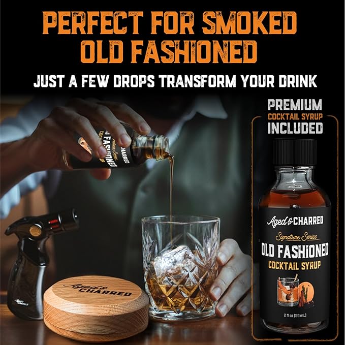 Whiskey Smoker Kit with Torch and Butane and Old Fashioned Syrup - 8 Flavors Wood Chips, 100% USA Oak, High-End Set - Old Fashioned Bourbon Cocktail Smoker Kit Gift for Men Dad