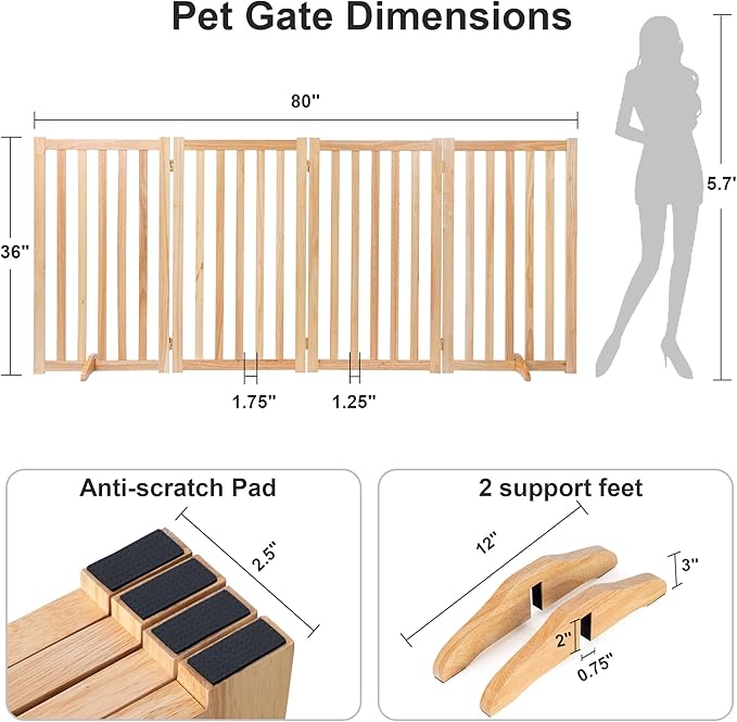 36" Height Extra Tall Freestanding Pet Gate, Solid Wood Folding Safety Fence Wooden Dog Gate with 2 PCs Support Feet Ideal for Stairs, Doorways, Halls, Kitchens, Heavy Duty Gates, 4 Panels, Oak