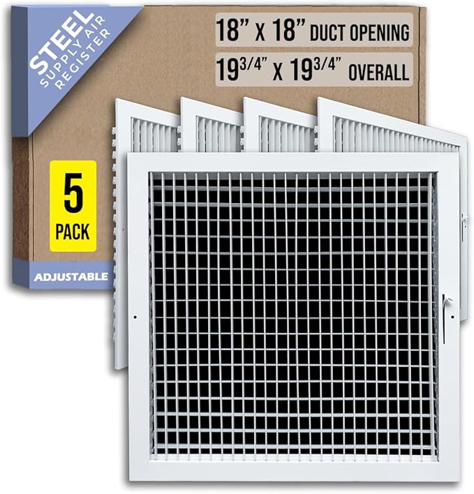 [5 Pack] Fits 18x18 Duct Opening Steel Adjustable Air Supply Grille by Handua | Register Vent Cover Grill for Sidewall and Ceiling | White | Out. Dim.: 19.75" X 19.75"