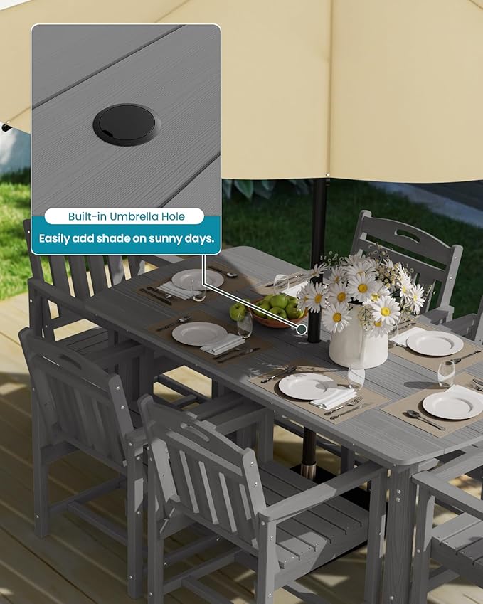 Ciokea HDPE Outdoor Dining Table with Umbrella Hole,66" Rectangle Patio Table for 6,All-Weather Outdoor Patio Furniture Set for Garden Backyard,Grey