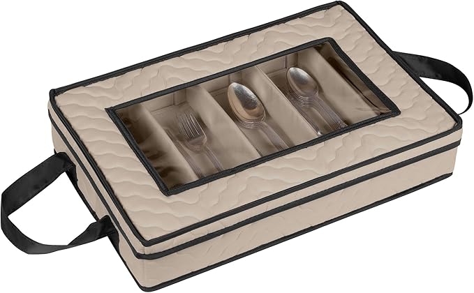 Flatware Storage Case - Durable 5 Compartment Silverware Storage Container Box with Removable Lid and Easy to Carry Handles - Large Capacity Keeps Your Cutlery Organized & Protected - Brown