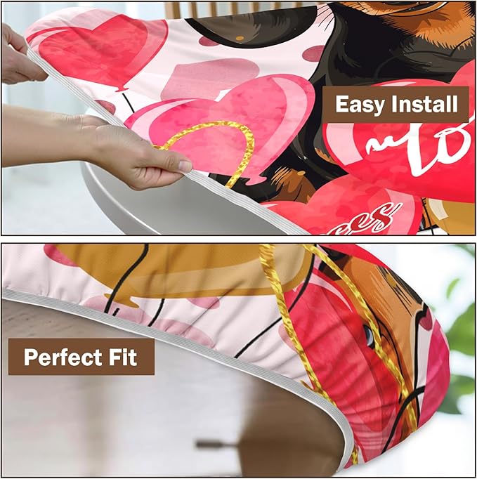 Valentines Day Round Fitted Tablecloth with Elastic Pink Love Heart Dog Circle Table Cloth for 48-52" Tables Wipeable Waterproof Washable Valentine Puppy Table Cover for Picnic Dining Party Decor
