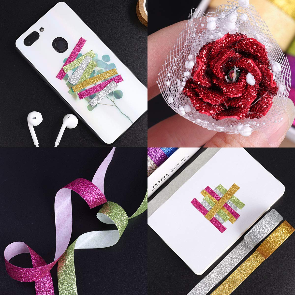 Tesuivra DIY Glitter Washi Tape Set - 12 Rolls Colored Masking Tape, Sparkle Decorative Tape for Art, Scrapbook Tape,Decor & Crafts (Dark)