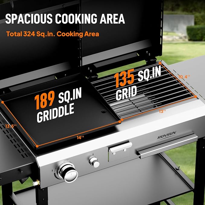 ROVSUN 2-in-1 Propane Gas Grill and Charcoal Grill Combo with Lid, 12000BTU Flat Top Griddle & Charcoal BBQ Grill with Electronic Ignition, Enamel Griddle & Grate for Outdoor Backyard Cooking Barbecue