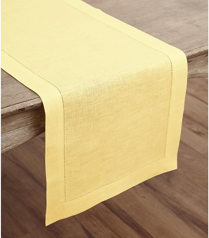 Solino Home Linen Yellow Table Runner 108 Inches Long - 100% Pure Linen 14 x 108 Inch Table Runner for Valentines, Spring, Easter - Classic Hemstitch