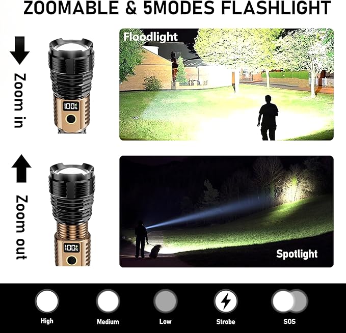 Flashlights High Lumens Rechargeable, LED Super Bright Flash Light Long Beam, Zoomable Linternas with LCD Digital Display, 5 Mode, Waterproof, Powerful Tactical Flashlight for Emergencies Camping Gift