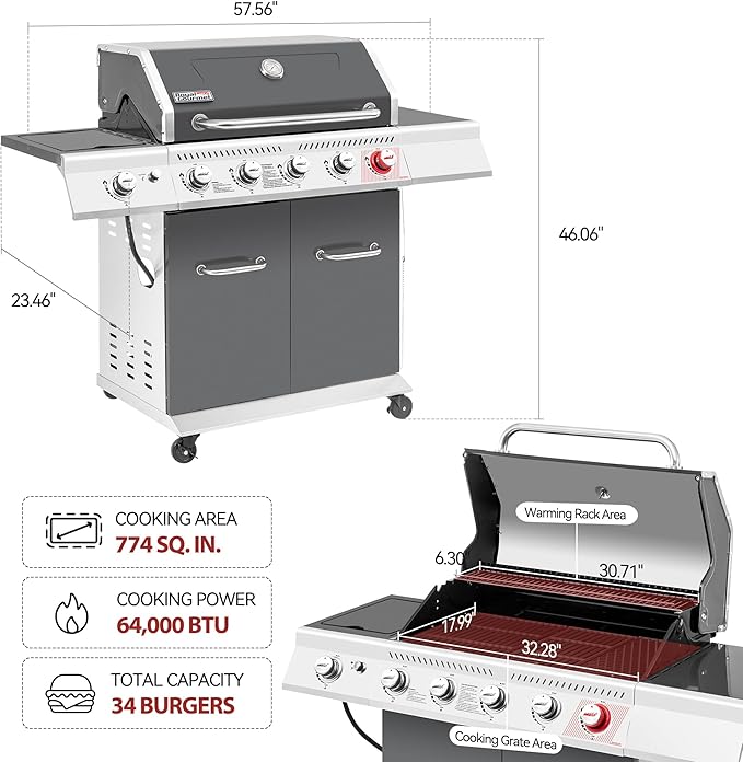 Royal Gourmet GA5404G 5-Burner Propane Gas Grill with Side Burner & Warming Rack, Outdoor BBQ Grill with 64,000 BTUs Output & 774 Sq. in. Cooking Area for Outdoor Barbecue, Grey