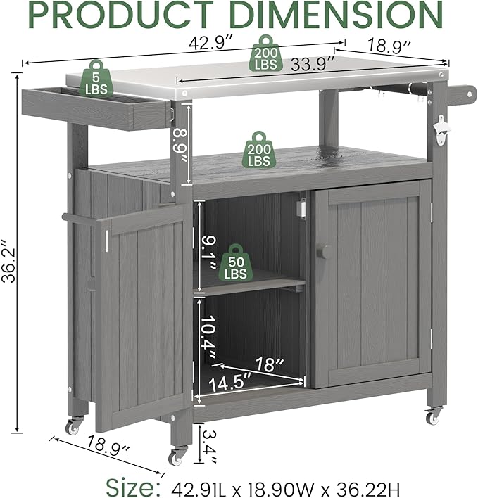 Weatherproof HIPS Outdoor Kitchen Island with Stainless Steel Top & Storage Cabinet, Movable Prep Table with Wheels for BBQ Food Prep, Outdoor Grill Cart for Parties, Grey