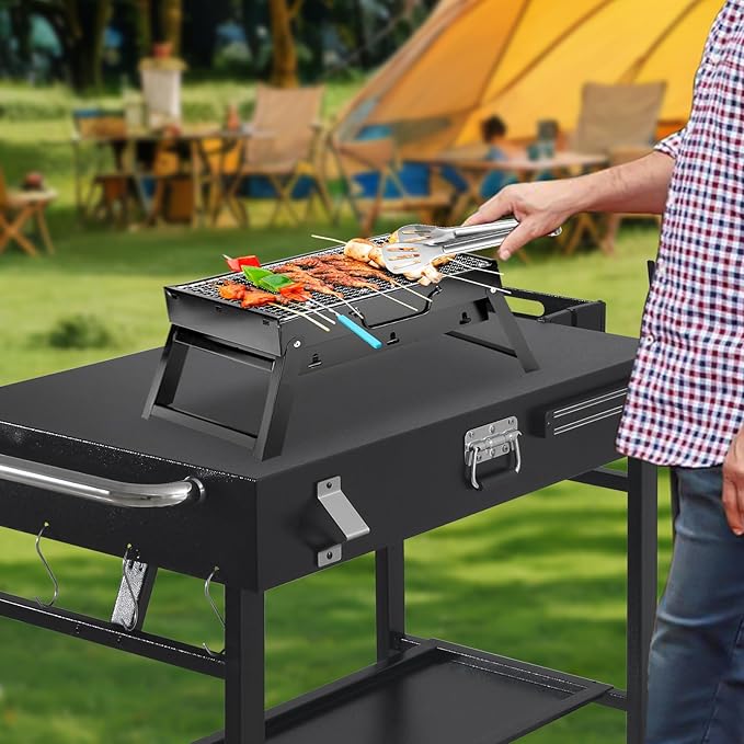 Portable Grill Cart for Blackstone Griddle with Lock, Shelves & Caddy - Fits 17 or 22 Inch Grills, Foldable Outdoor Cooking Stand for Outdoor Tailgate and Camping, Black