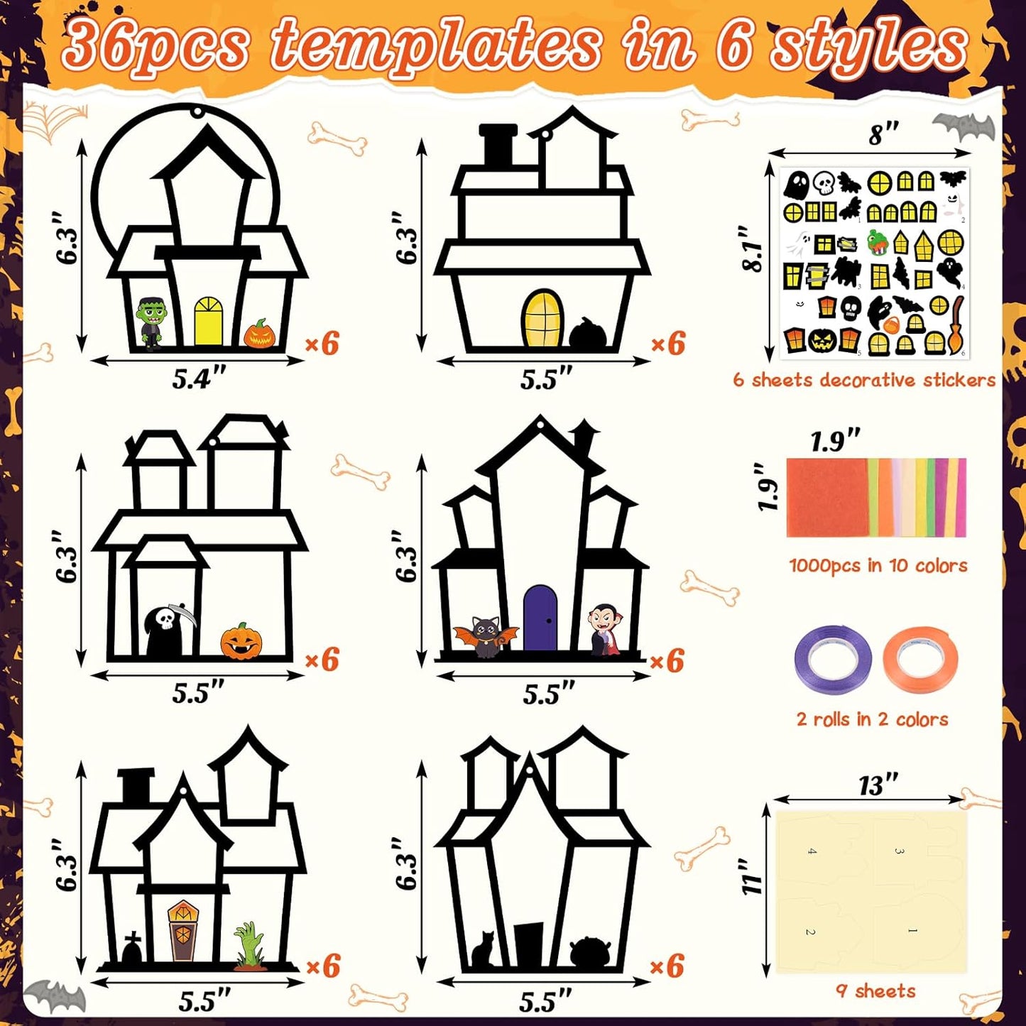 Renbuzhu 36PCS Halloweens Crafts Bulk: Haunted House Paper Suncatchers DIY Kit Party Activities Decorations, Window Stained Glass Effect Art Supplies