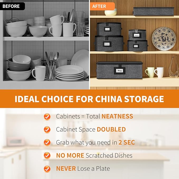 Aokeyee China Storage Containers- 6 Piece Set Hard Shell Moving Box for Dishes, Plate, Mugs, Cups, Silverware, Flatware, Saucers, Dinnerware, Sturdy Quilted Organizer with Soft Dividers, Handles, Grey