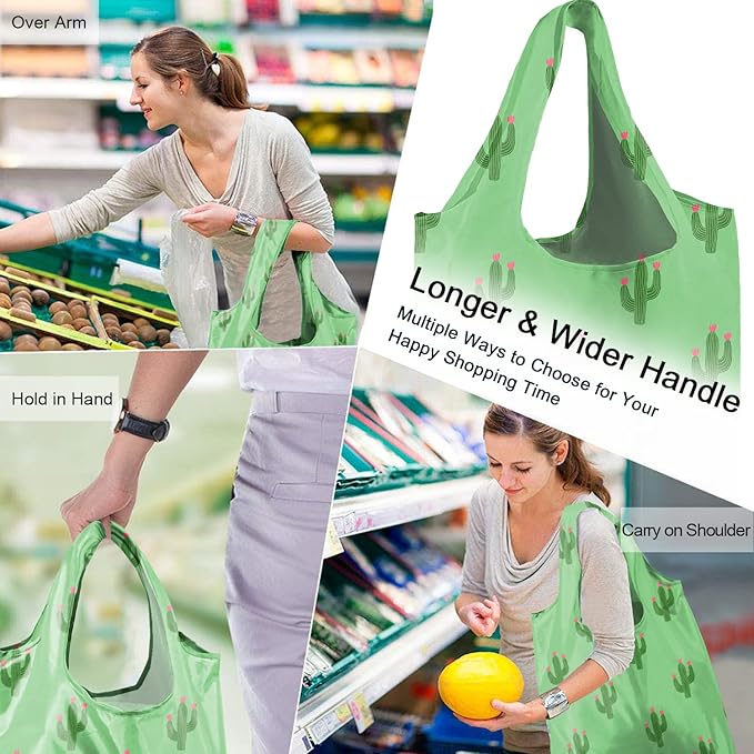 BeeGreen Geometry Reusable Grocery Bags Bulk 6 Packs X-Large, Reusable Shopping Bags Foldable for Groceries, Vegetables, Fruits Watertight Bulk Tote Bags (Cactus Rainbow Polka Dot Red Rose