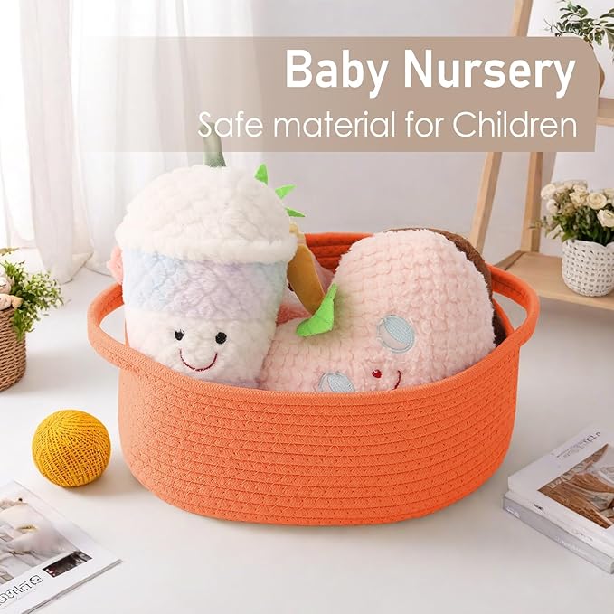 Woven Basket,Small Rope Storage Bin with Handles & Ribbon Bag, Organizer for Shelves Closets,Gift Basket Empty for Birthday,Books,Dog Toys, Orange/2 Pack