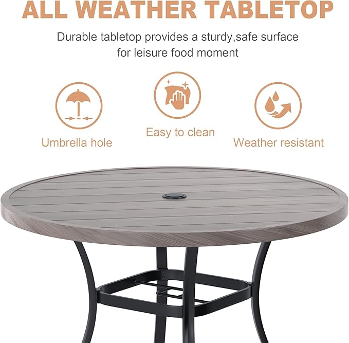 VICLLAX Round Patio Dining Table, 41 inch Metal Outdoor Dining Table with Umbrella Hole for Garden Lawn Balcony Deck,Grey
