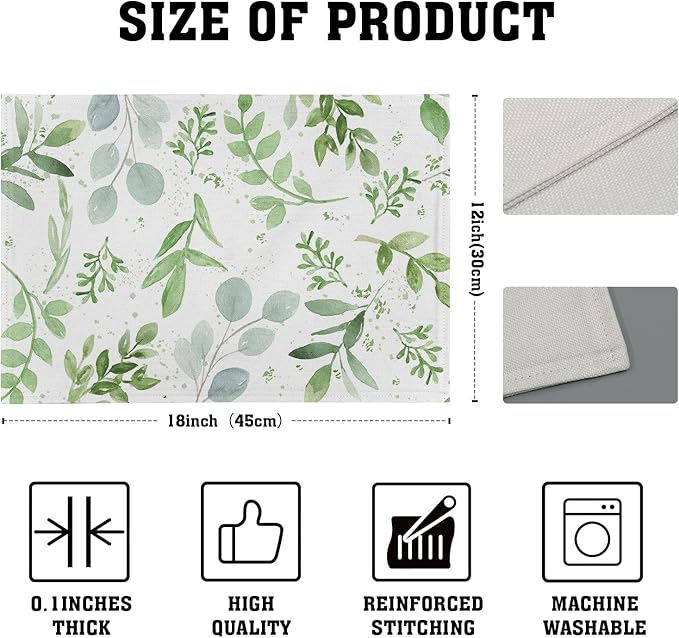 Giwawa Leaf Spring Placemats Set of 4 Sage Green Eucalyptus Leaves Linen Non Slip Place Mat Watercolor Summer Botanical Rustic Farmhouse Kitchen Decorations 12x18 Inch for Home Dining Table Party