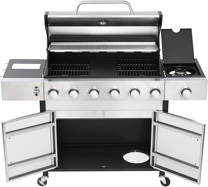 6-Burner Gas Grill with Side Burner, 65850 BTU Outdoor BBQ Grill, 620 sq in Cooking Area with Cast Iron Grates, Enameled Steel Lid & Built-in Thermometer for Patio, Garden, Family Gatherings
