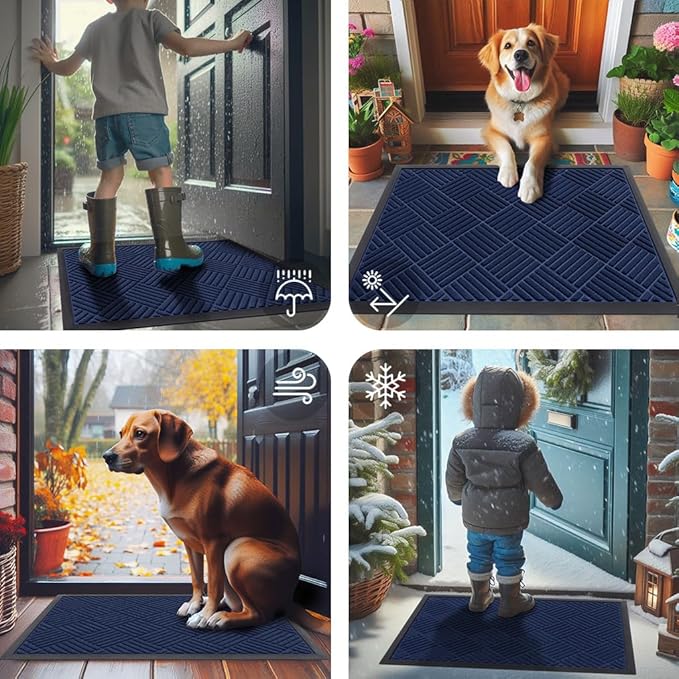 Smiry Front Door Mat Outside Entrance, Heavy Duty Outdoor Indoor Natural Rubber Doormat, Non Slip, Trap Dirt and Moisture, Easy Clean, Low Profile Patio Porch Entryway Mat, 29.5x17, Navy Blue