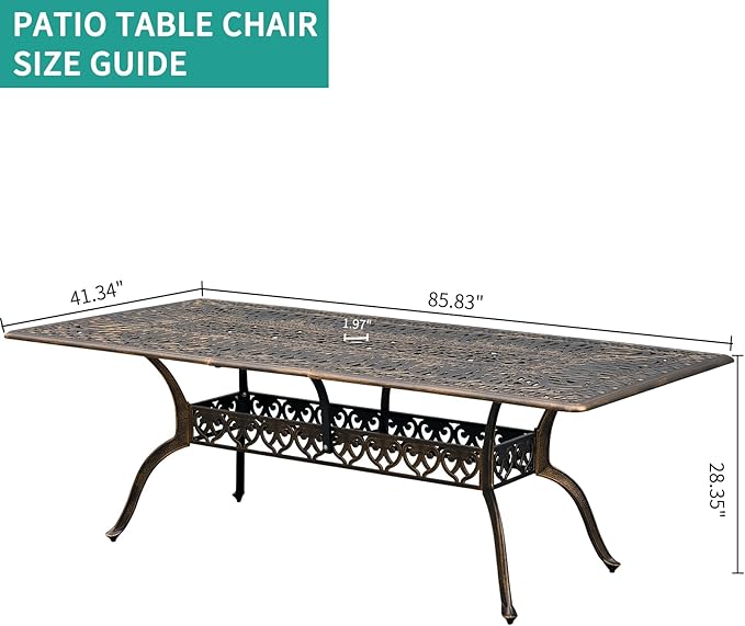 86" Large Outdoor cast Aluminum Patio Dining Table, Rectangular Outdoor Bistro Dining Table for 8 Person, for Garden (Bronze, Rectangle 86")