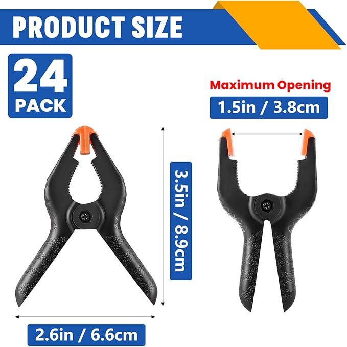 24 Pack 3.5 inch Plastic Spring Clamps, Black Heavy Duty Clips, Backdrop Clips, Plastic Clamps for Crafts, Backdrop Stand, Woodworking, Photography