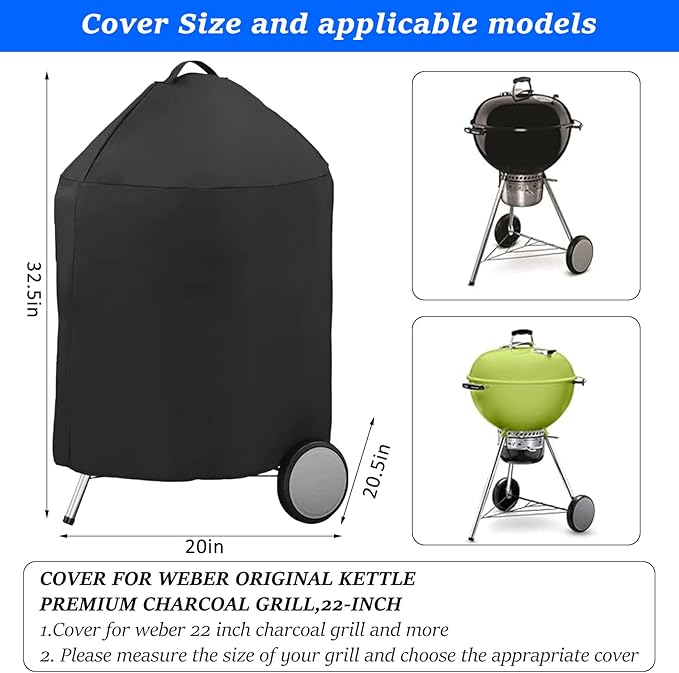 Round BBQ Grill Cover for 18 Inch Charcoal Grills Waterproof, Fade Resistant, UV Resistant Kettle BBQ Grill Cover with Hook & Loop Strap, Dome Smoker Cover, Black (18in)