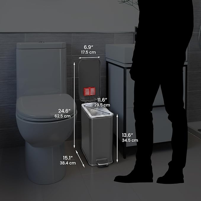 iTouchless SoftStep 3 Gallon (11.4L) Slim Bathroom Trash Can with Lid, Gunmetal Gray Stainless Steel Fingerprint-Proof, Silent Soft-Close Pedal AbsorbX Odor Filter Removable Bucket Dorm Bedroom Office