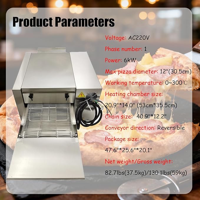 220V Countertop Conveyor Pizza Oven Commercial Baking Electric Oven 12" Belt 6000W 300℃ Working Temperature Baking Bread Cookies