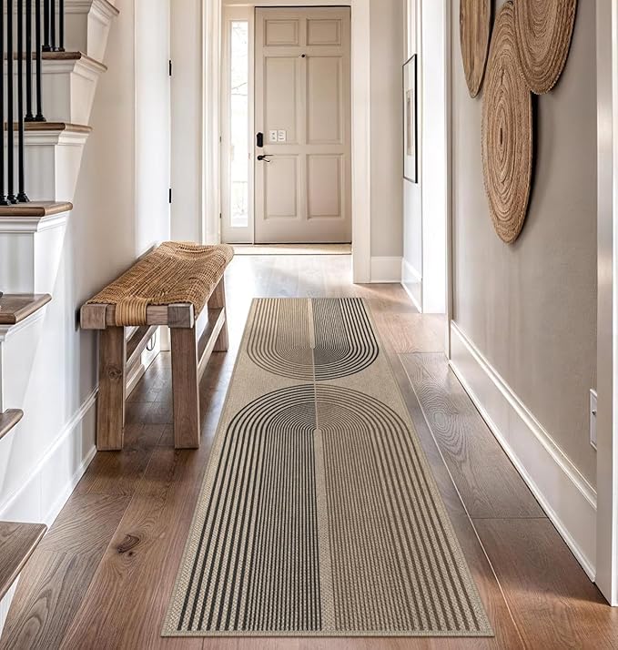 Easy Jute Rainbow Runner Rug, 2.6x8 Washable Rugs Runner for Hallway Non-Slip Boho Farmhouse Kitchen Runner Rug, Modern Abstract Indoor Outdoor Carpet for Porch Laundry Entryway