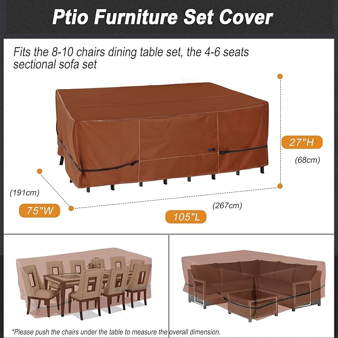 NettyPro Patio Table Cover Rectangular 105 x 75 Inch, 600D Heavy Duty Waterproof Outdoor Furniture Covers for Dining Table and Chair Rectangular, Brown