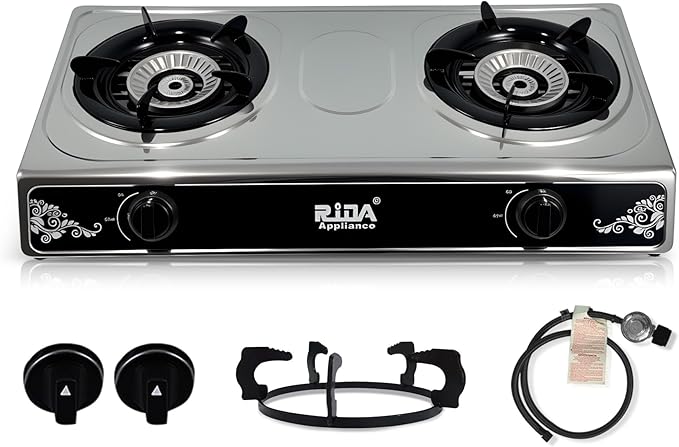 2 Burner Propane Gas Stove, Portable Stainless Steel Camping Stove with Auto-Ignition, Propane Burners for Cooking, Outdoor, Camping, RV & Emergency Use