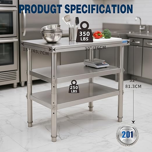 Stainless Steel Table Commercial Stainless Steel Prep Table 18 x 30 Inch, NSF Metal Commercial SS Kitchen Prep Worktable for Restaurant Kitchen Garage Warehouse