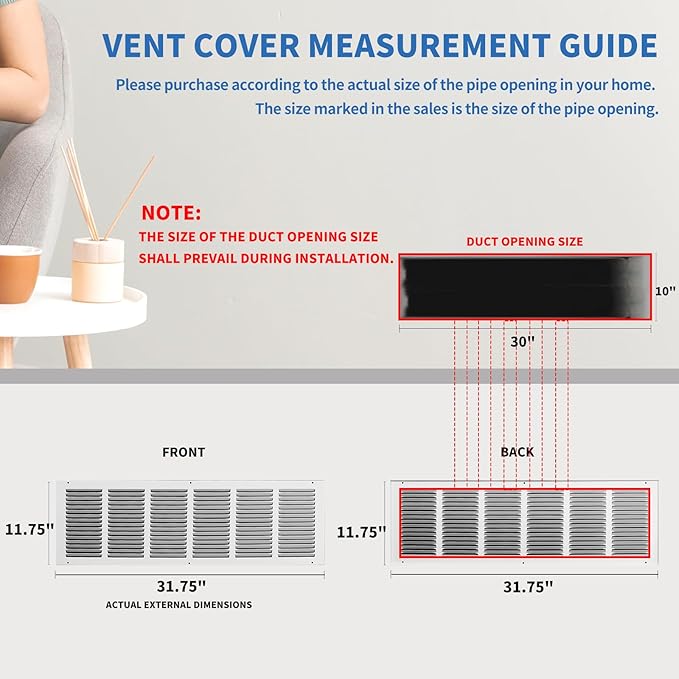 30x10 Return Air Grille (Duct Opening Size), Air Return Vent Cover, AC Vent Cover, Cold Air Return Vent Cover, Flat Return Air Grilles, Outer Dimensions:31.75"W x 11.75"H (30"Wx10"H, Duct Opening)