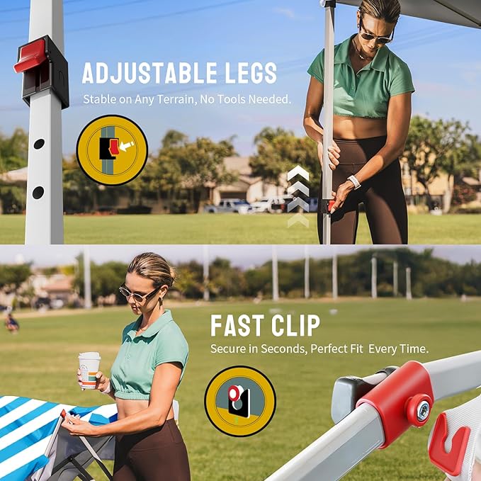 CROWN SHADES 10x10 Pop Up Canopy - Beach Tent with One Push Setup - Outdoor Sun Shade for Events, Parties, Camping - STO-N-Go Cover Bag, Silver Coated Top, 3 Height& 4 Sand Bags, Sky Blue Stripes