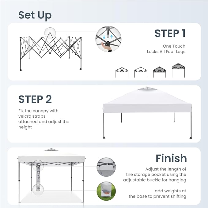 PHI VILLA 10x10 Pop Up Canopy Tent - One Push Setup, Instant Shade Tent with Vented Roof for Beach & Events - Includes Storage Bag, Sandbags, Stakes & Ropes (White)