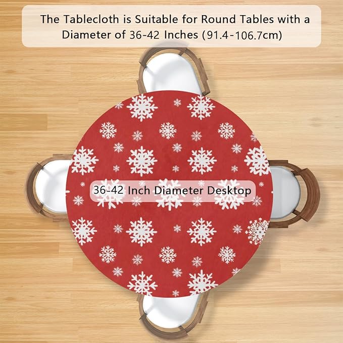 Christmas Snowflake Red White Round Table Cloth Cover, Elastic Edge Waterproof Wipeable Tablecloths 36"-42" Polyester Tablecloth for Party Restaurant Banquet Holiday Camping Outdoor Picnic