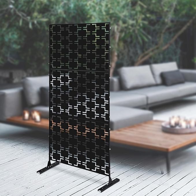 75" H×35" W Decorative Outdoor Privacy Screen with Stand, Outdoor Decor Privacy Fence Screen Metal Fence Panels, Free Standing Metal Divider for Patio Lawn Deck (Black-Rectangular)