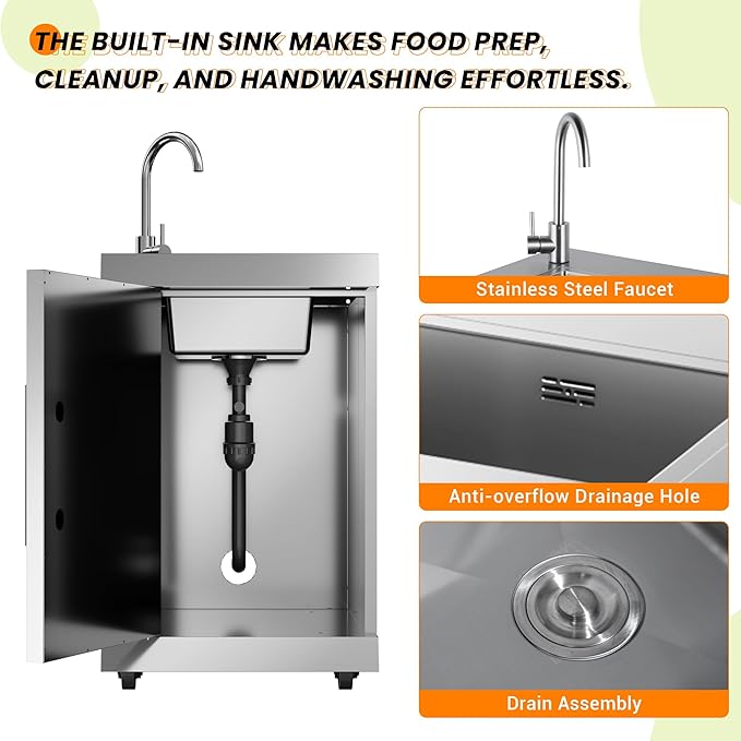 CT Copper Tailor 6-Burner Outdoor Kitchen BBQ Grill Island 99,000 BTUs with Sink, Fridge, Rear Burner, Side Burner, Storage Cabinets & Drawers, Cover, Stainless Steel with Natural Gas Kit)