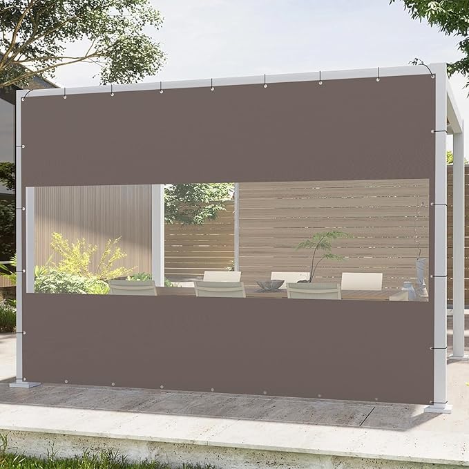 Domi Heavy Duty Outdoor Clear Panel Curtain, 18 oz Waterproof PVC Polyester Curtain, Weather Resistant & Tearproof for Patios, Gazebos, Pergolas, Privacy Screen (7'H x 10'W, Gray)