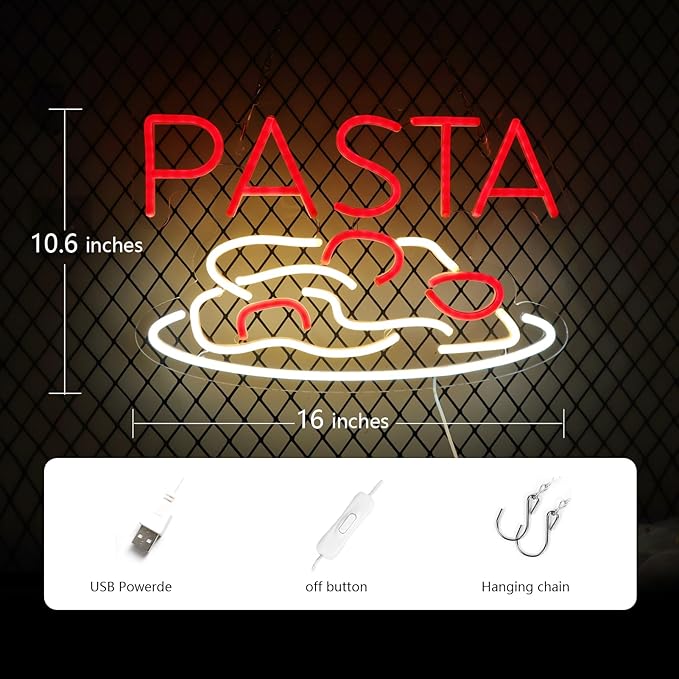 JFLLamp Pasta Neon Signs for Wall Decor Neon Lights for Bedroom Led Business Signs Suitable for Italian Pasta Restaurant Noodle Unique Gift for Lover 5V Power Adapter 16 * 10.6 Inch(Red+White)