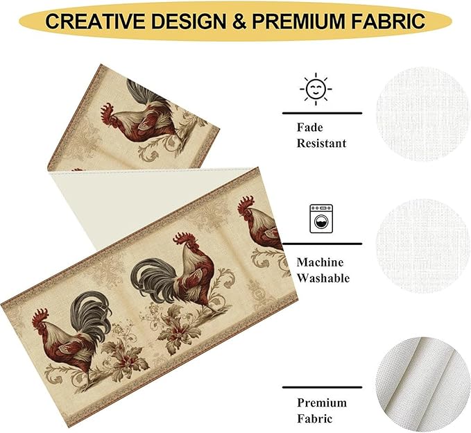 Farmhouse Rooster Table Runner, Vintage Rooster Retro Farmhouse Country Chicken Coffee Table Center Decor for Home Kitchen Dining Patio Holiday Party Indoor Outdoor Table Decorations 13"x36"