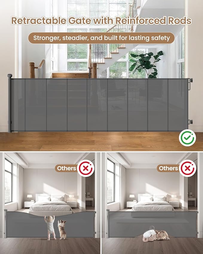 Reinforced Retractable Baby Gate, 100" Wide Child Safety Gate with 8 Support Rods, 34" Tall Scratch-Resistant Mesh Dog Gate for Staircase, Garage, Garden, Outdoor, Gray
