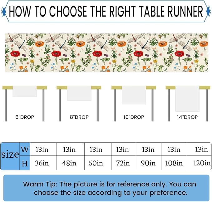 Flowers Dragonflies Table Runner Kitchen Dining Table Runner 13*48in Table Center Decor for Indoor Outdoor Home Holiday Party